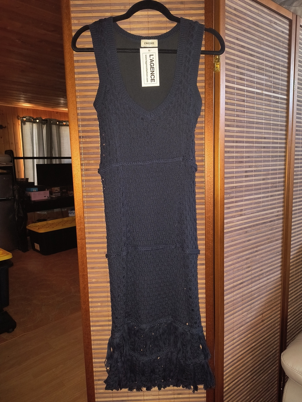 L'AGENCE Black Sleeveless Knit Fringe Hem Midi Dress